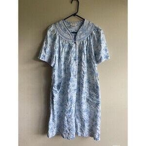 Barbizon Sleepwear House Coat Womens Medium Vintage Blue Floral Satin and Lace T